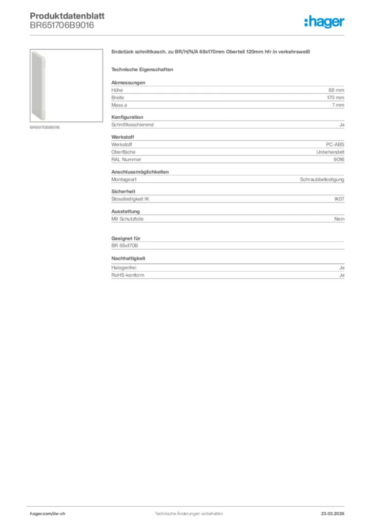 Bild Hager Produktdatenblatt BR651706B9016 | Hager Schweiz