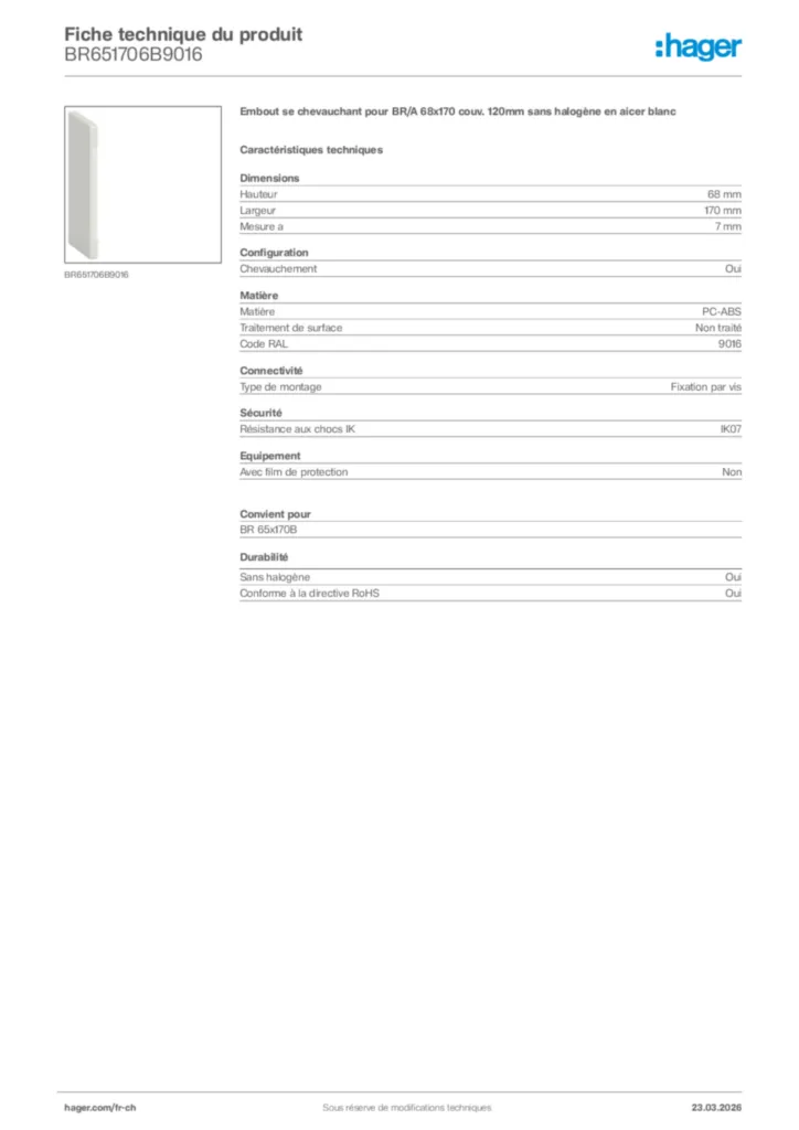 Image Hager Fiche technique du produit BR651706B9016 | Hager Suisse