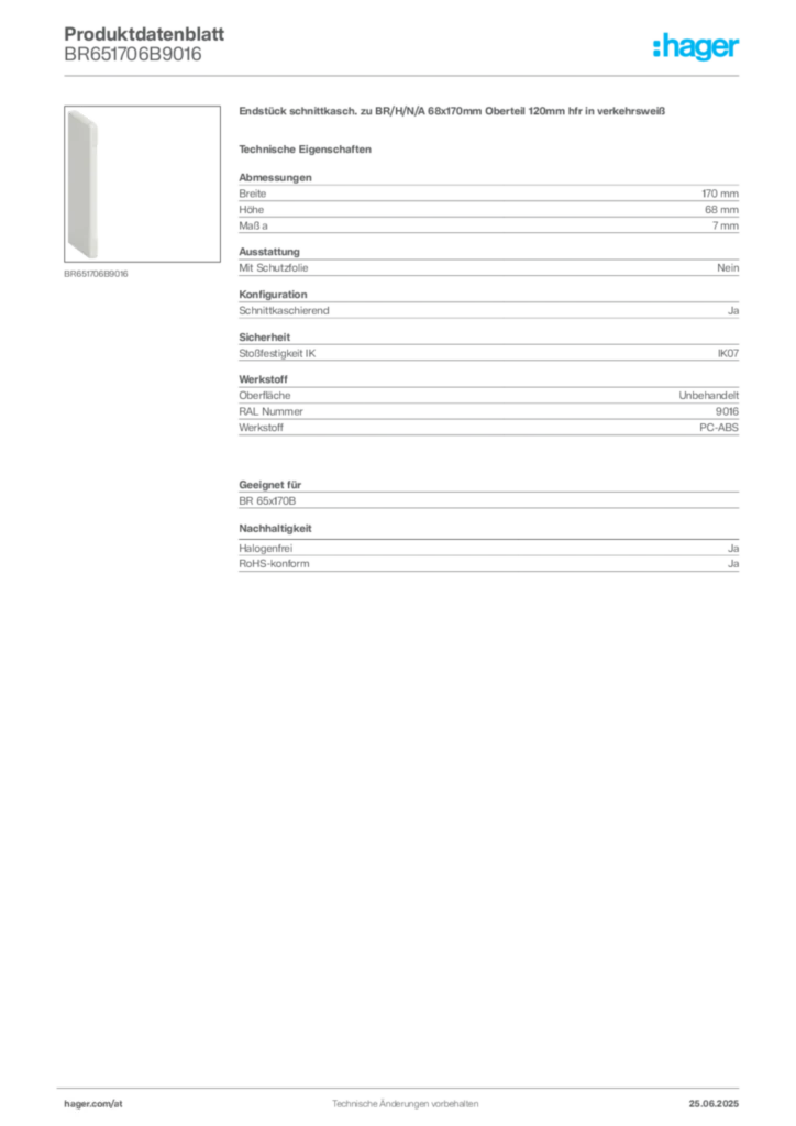 Bild Hager Produktdatenblatt BR651706B9016 | Hager Deutschland