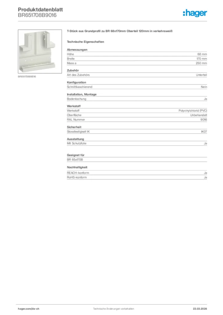 Bild Hager Produktdatenblatt BR651708B9016 | Hager Schweiz