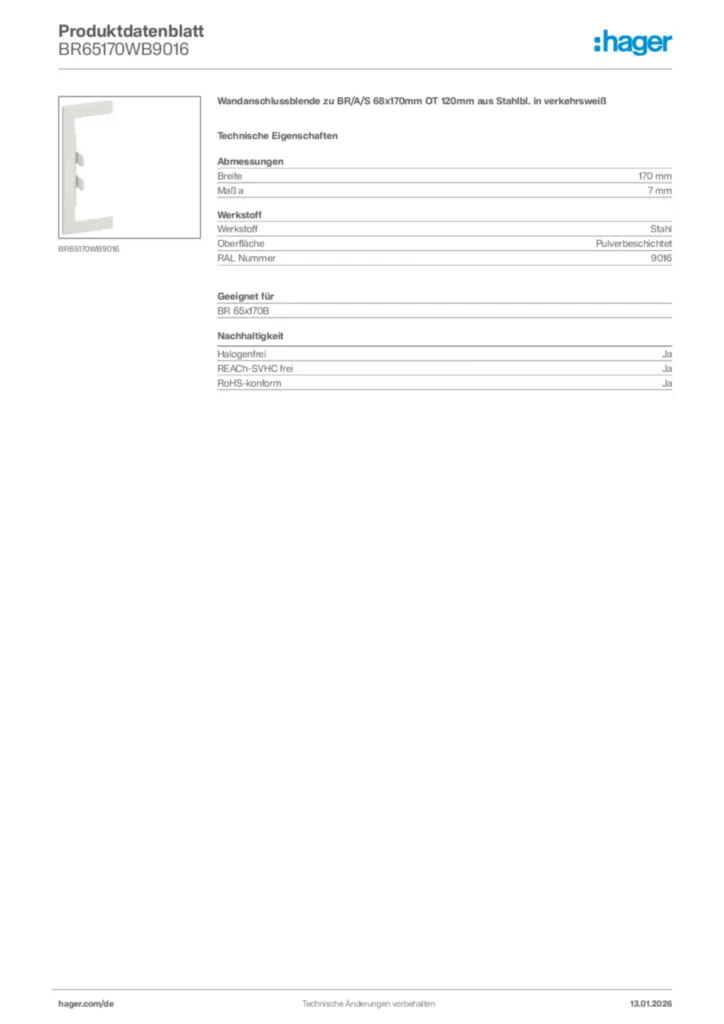 Bild Hager Produktdatenblatt BR65170WB9016 | Hager Deutschland