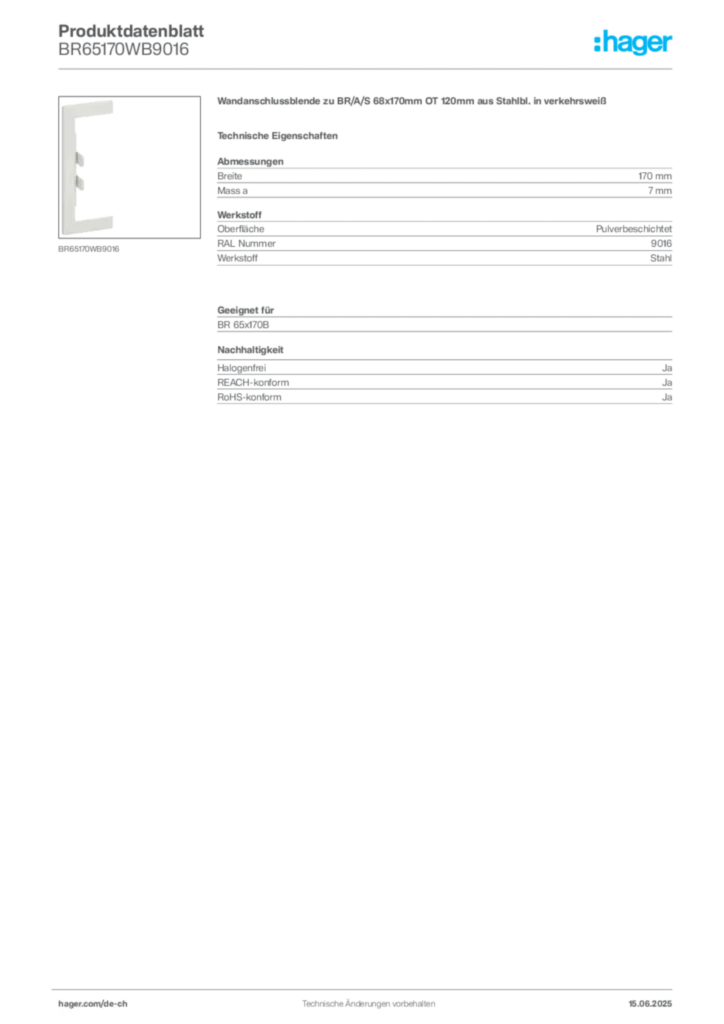 Bild Hager Produktdatenblatt BR65170WB9016 | Hager Schweiz