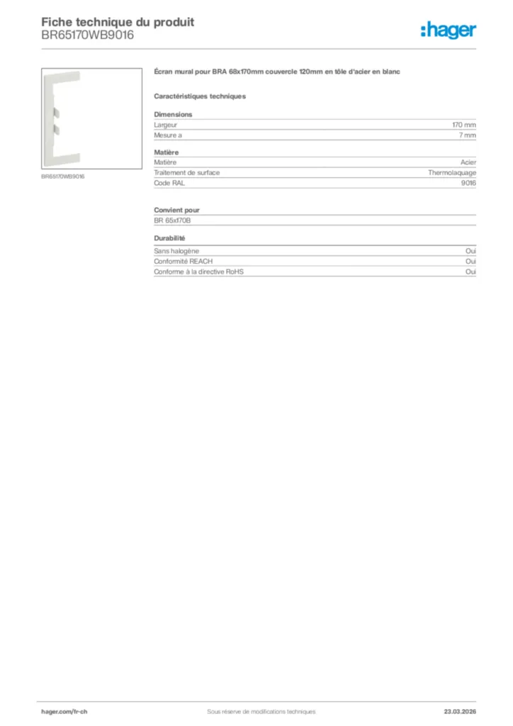 Image Hager Fiche technique du produit BR65170WB9016 | Hager Suisse