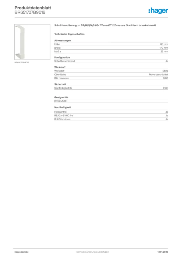 Bild Hager Produktdatenblatt BR651707B9016 | Hager Deutschland