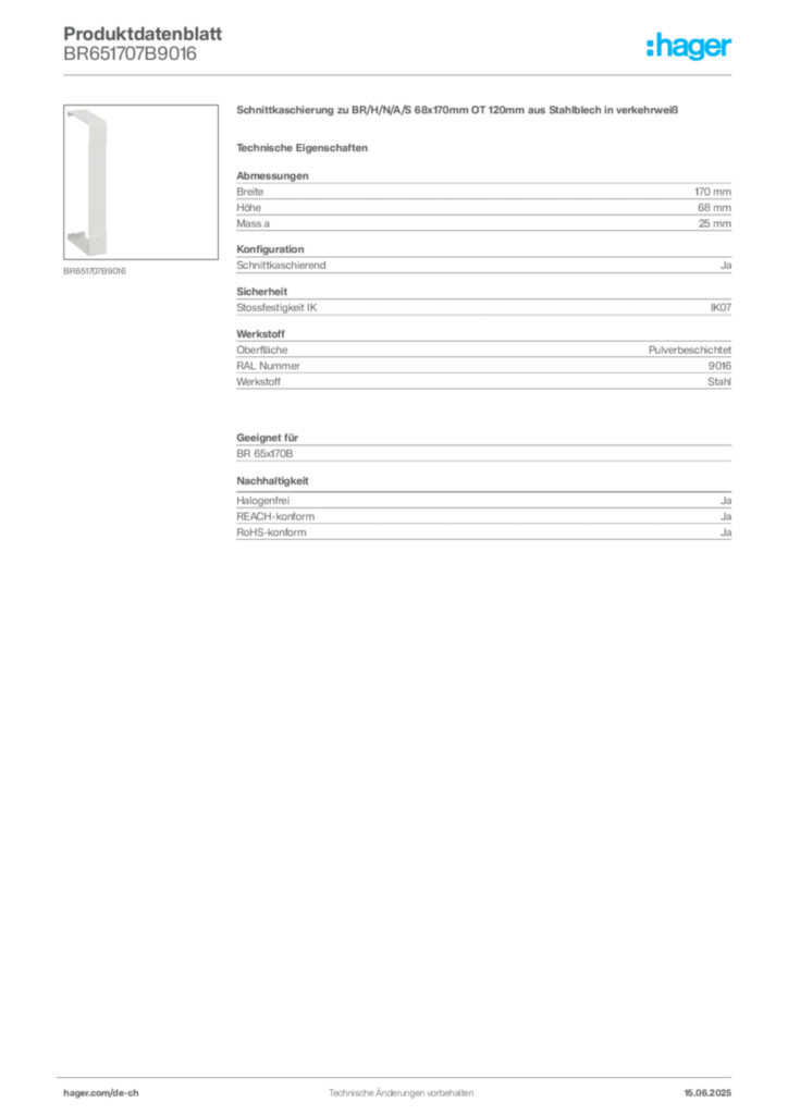 Bild Hager Produktdatenblatt BR651707B9016 | Hager Schweiz