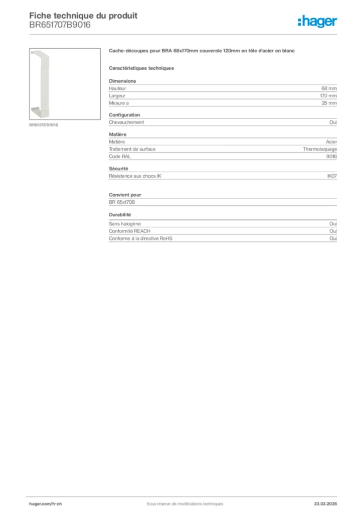 Image Hager Fiche technique du produit BR651707B9016 | Hager Suisse