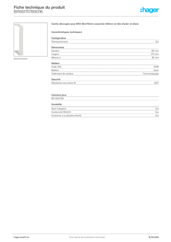 Image Hager Fiche technique du produit BR651707B9016 | Hager Suisse