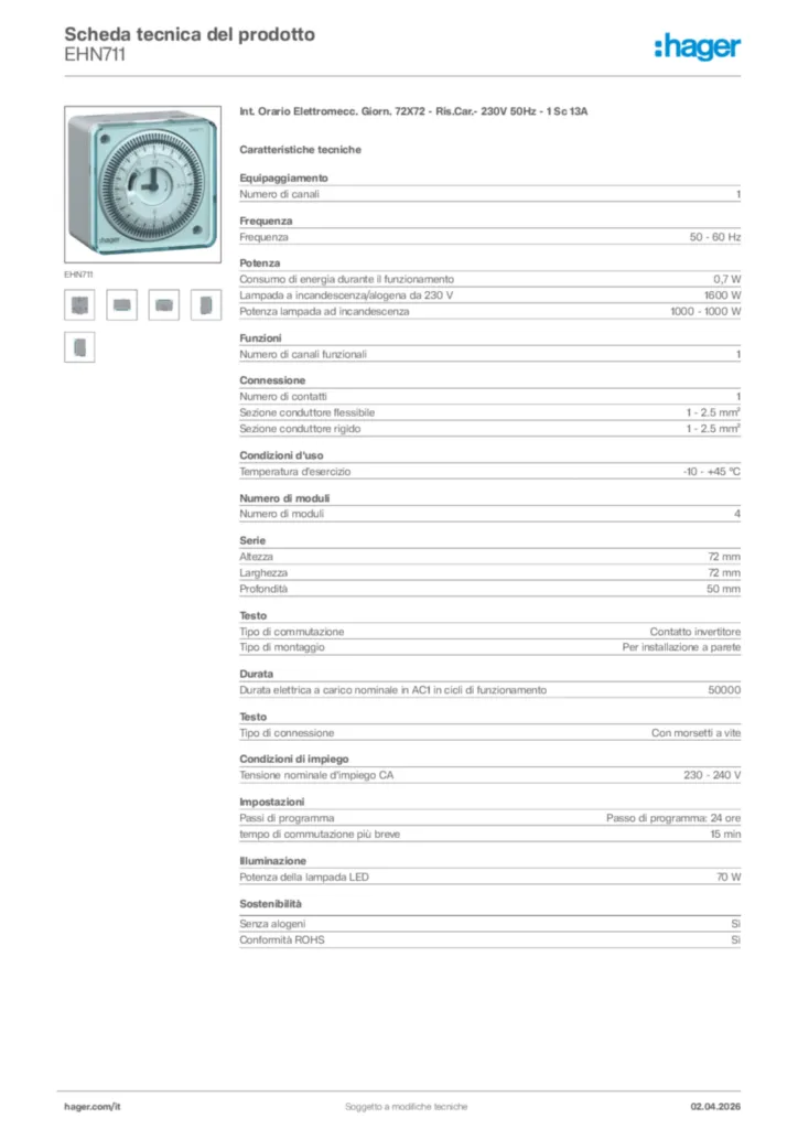 Immagine Hager Scheda tecnica del prodotto EHN711 | Hager Italia