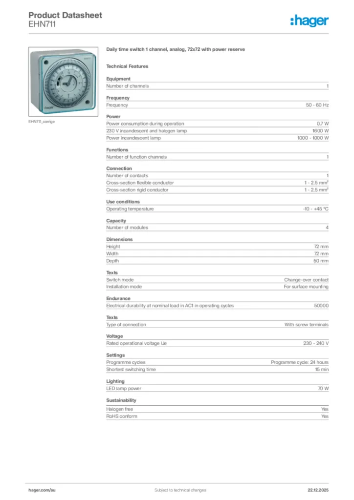 Image Hager Product data sheet EHN711  | Hager Australia