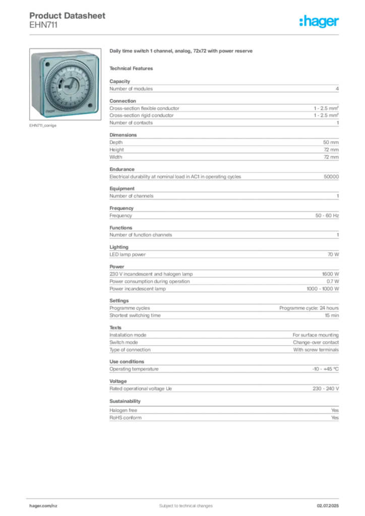 Image Hager Product data sheet EHN711  | Hager New Zealand