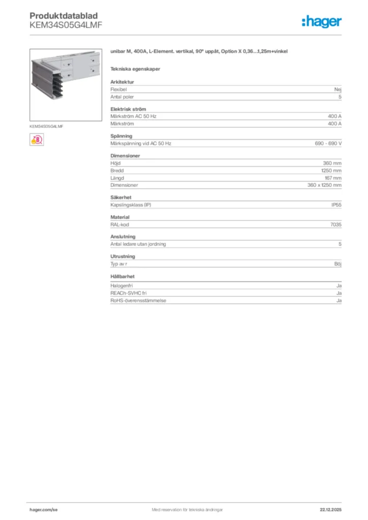 Bild Hager Produktdatablad KEM34S05G4LMF | Hager Sverige
