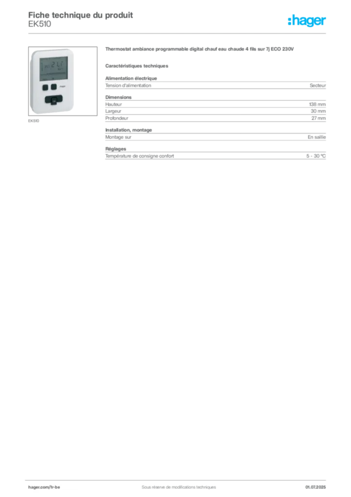 Image Hager Fiche technique du produit EK510 | Hager Belgique