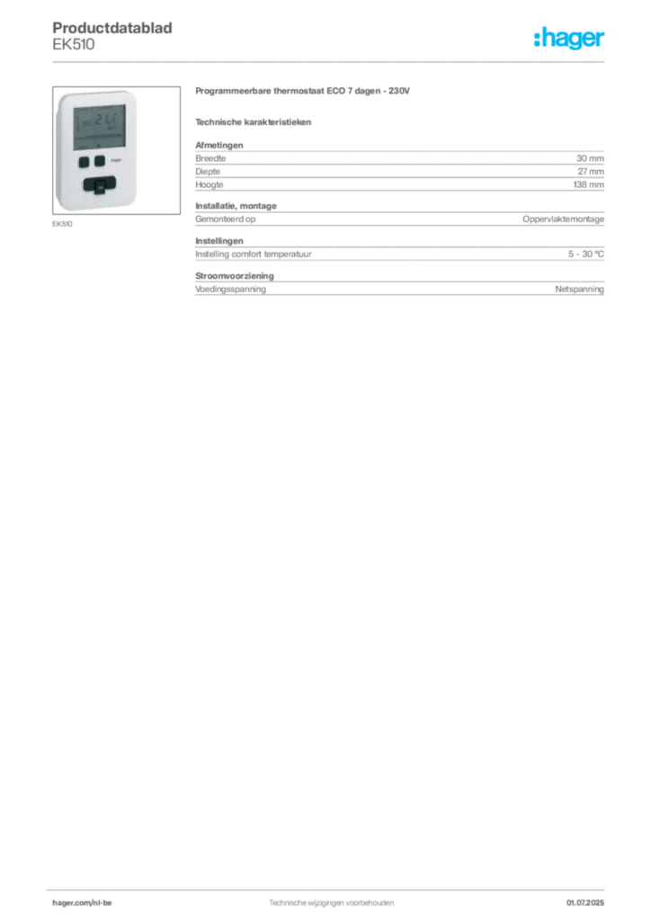 Afbeelding Hager Productdatablad EK510 | Hager Belgium