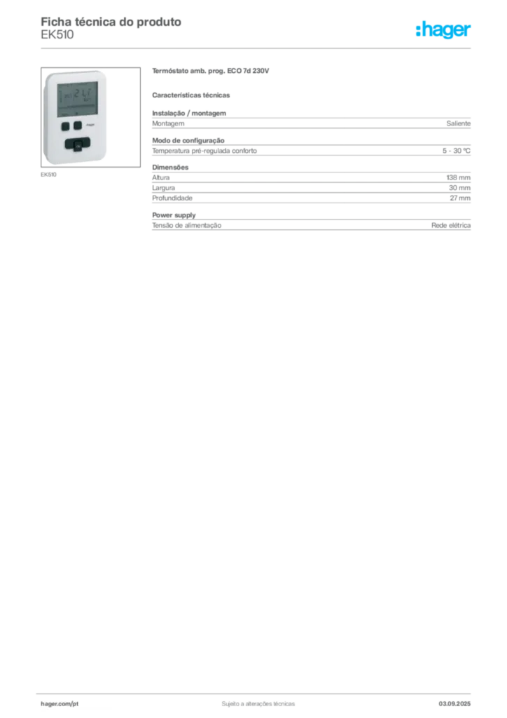 Imagem Hager Ficha técnica do produto EK510 | Hager Portugal