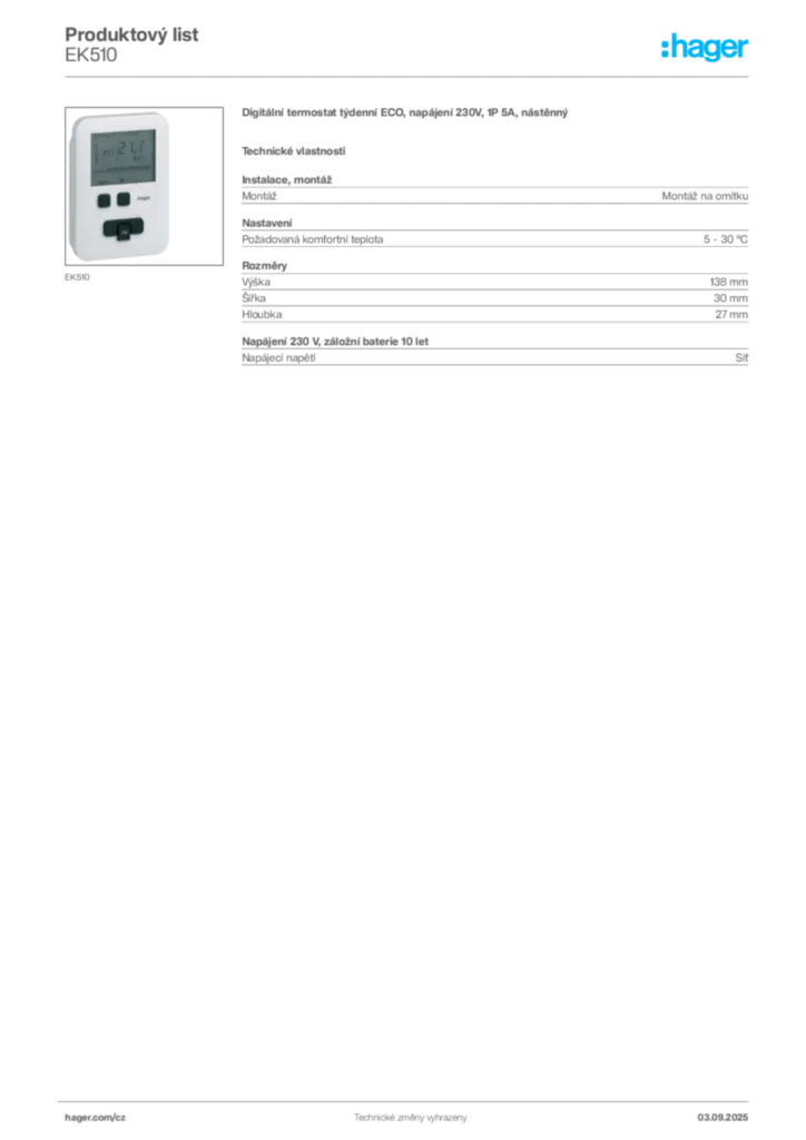 Obrázek Hager Produktový list EK510 | Hager
