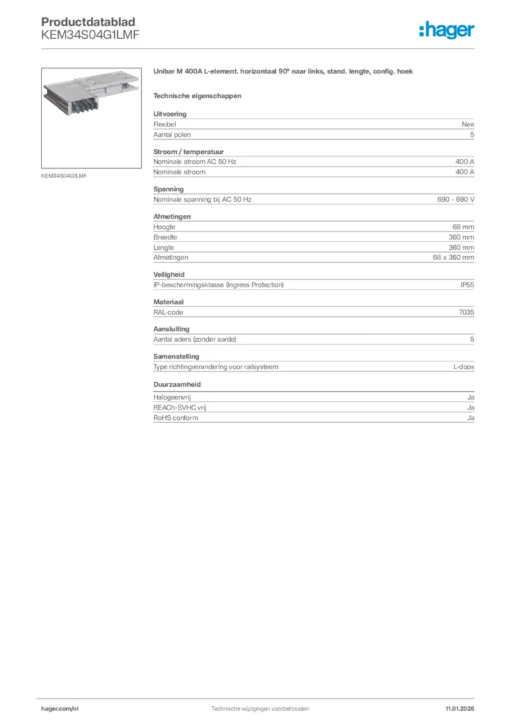 Afbeelding Hager Productdatablad KEM34S04G1LMF | Hager Nederland