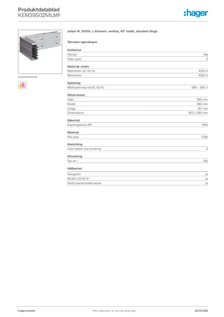 Bild Hager Produktdatablad KEM39S02N1LMF | Hager Sverige