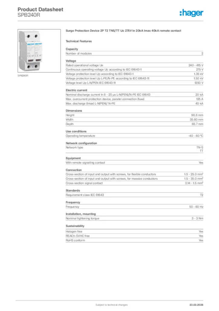 Image Hager Product data sheet SPB240R  | Hager Africa