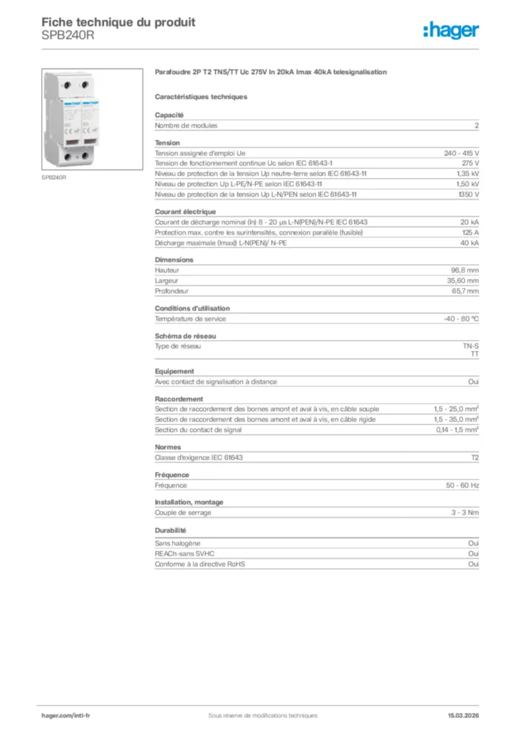 Image Hager Fiche technique du produit SPB240R | Hager Afrique