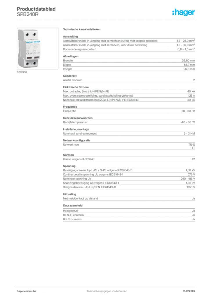 Afbeelding Hager Productdatablad SPB240R | Hager Belgium