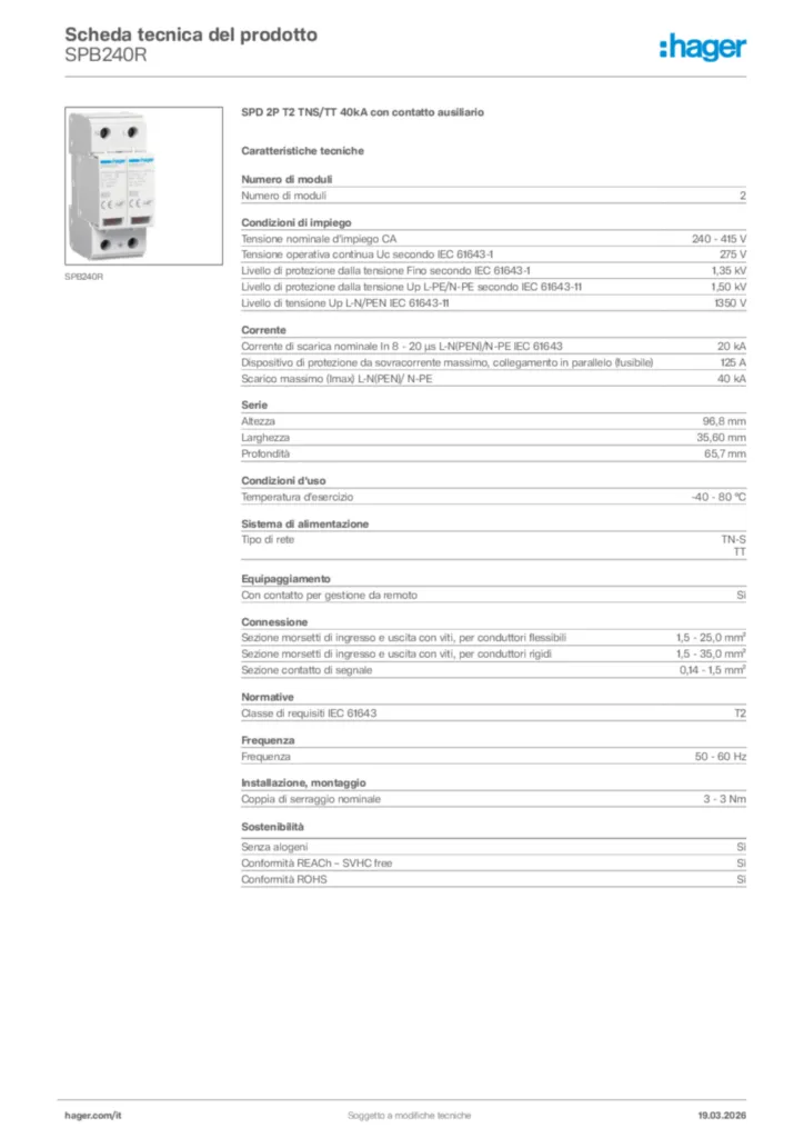 Immagine Hager Scheda tecnica del prodotto SPB240R | Hager Italia