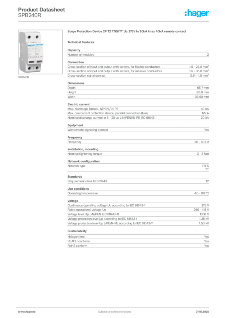 Image Hager Product data sheet SPB240R  | Hager