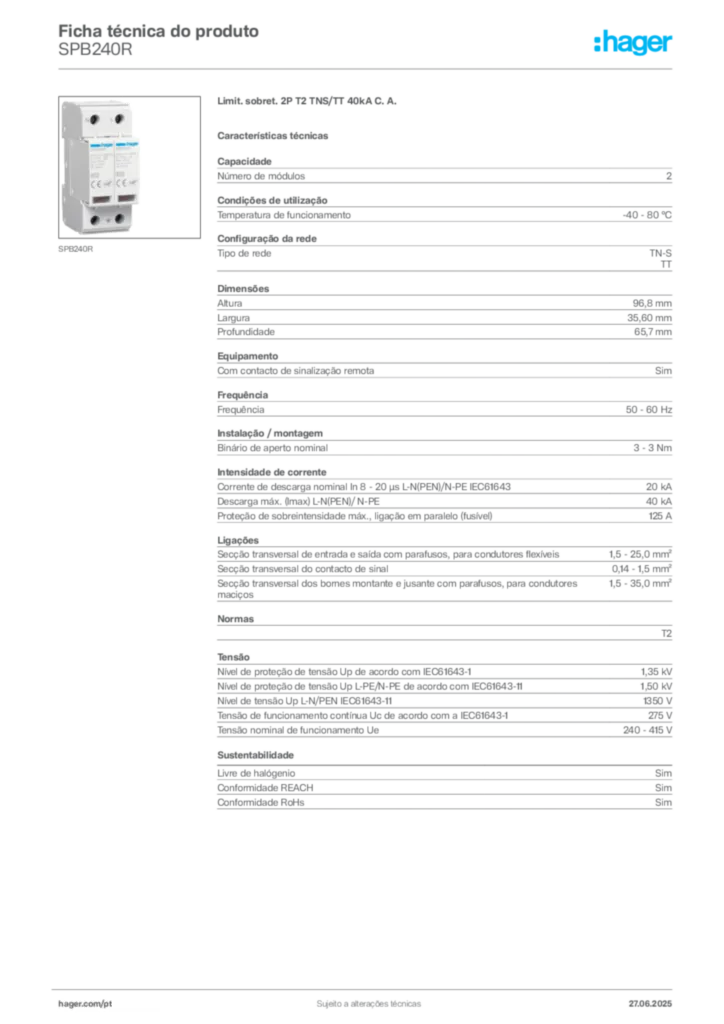 Imagem Hager Ficha técnica do produto SPB240R | Hager Portugal