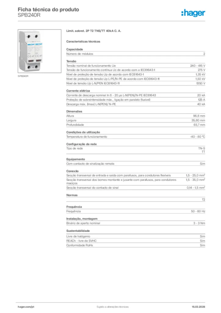 Imagem Hager Ficha técnica do produto SPB240R | Hager Portugal