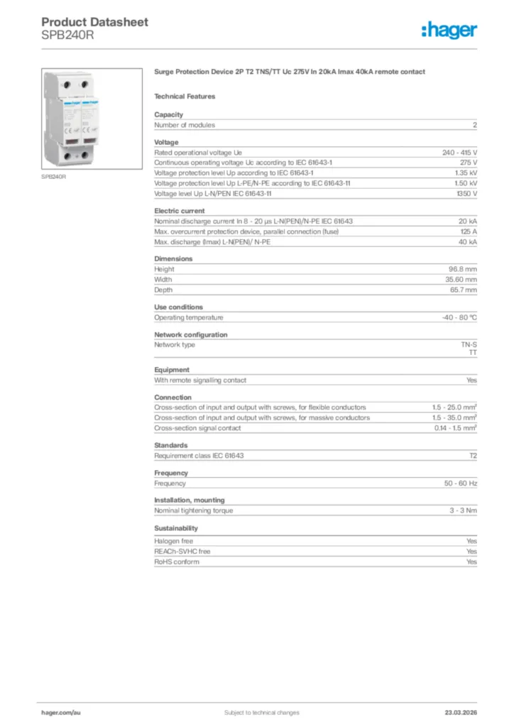 Image Hager Product data sheet SPB240R  | Hager Australia