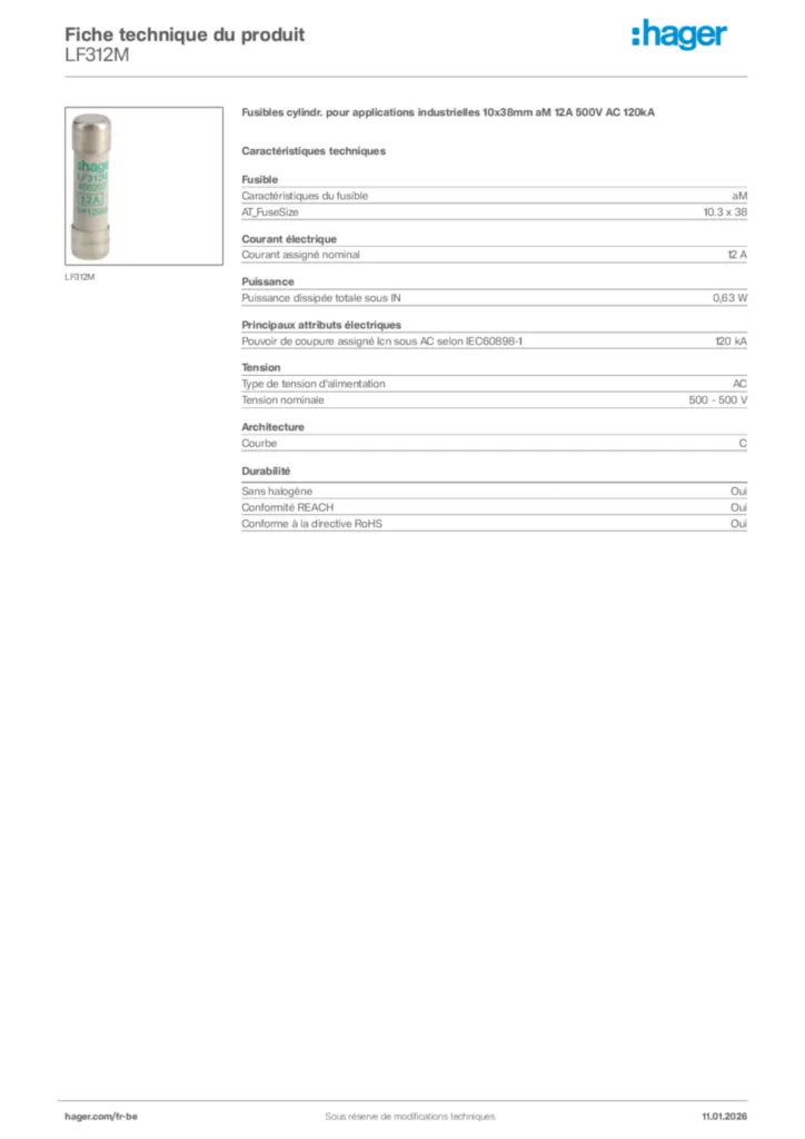 Image Hager Fiche technique du produit LF312M | Hager Belgique