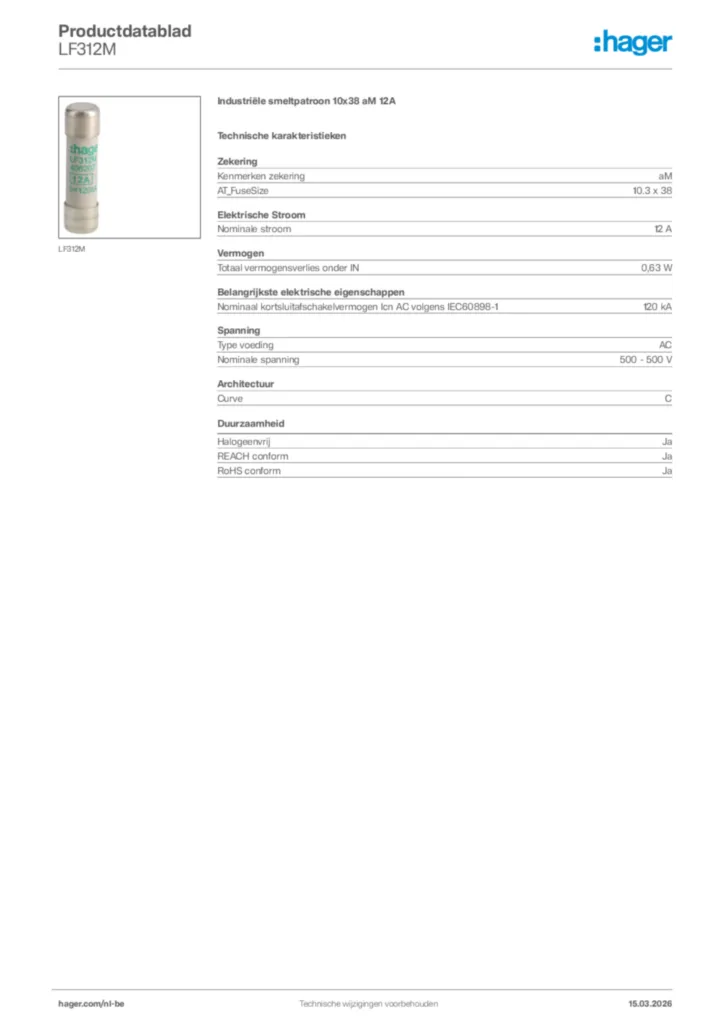 Afbeelding Hager Productdatablad LF312M | Hager Belgium