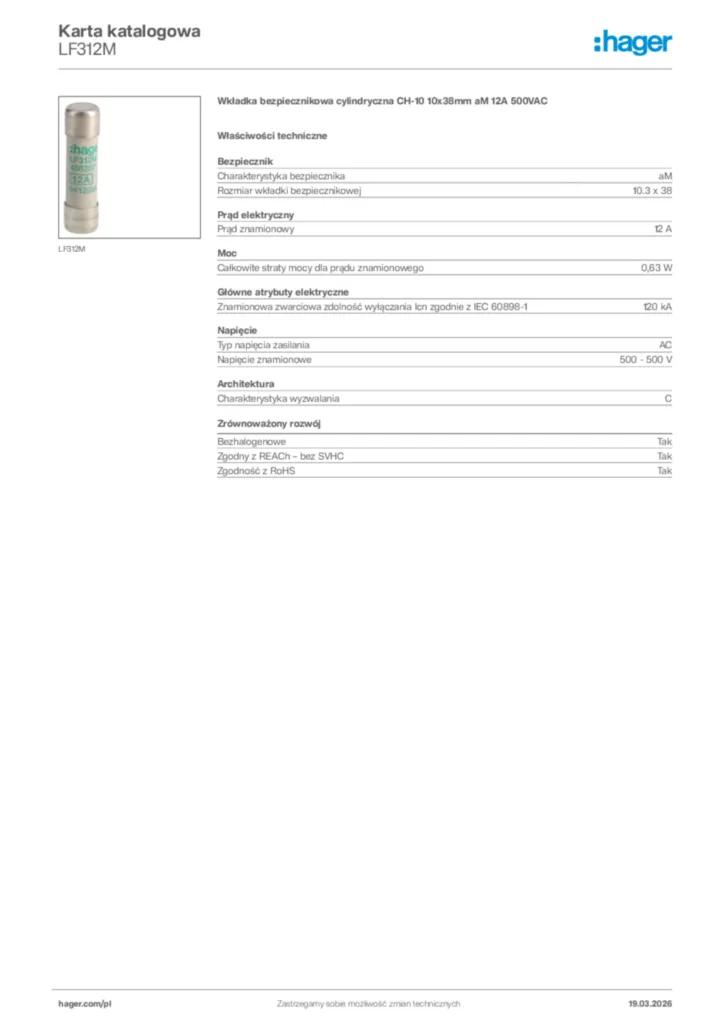 Zdjęcie Hager Karta katalogowa LF312M | Hager Polska