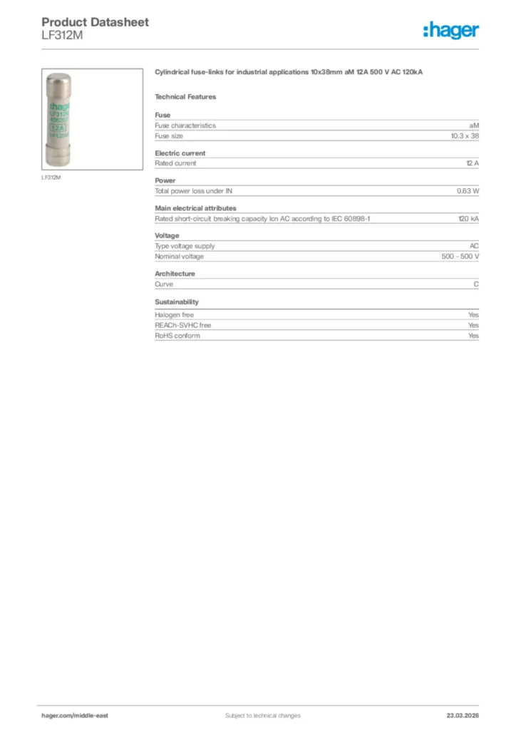 Image Hager Product data sheet LF312M  | Hager