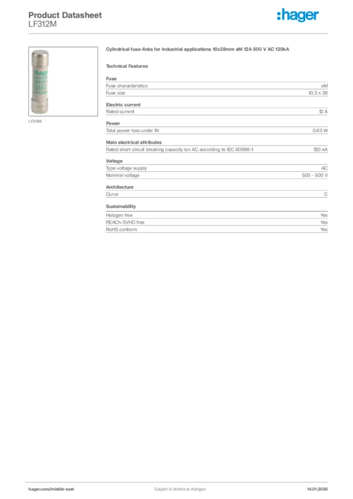 Image Hager Product data sheet LF312M  | Hager