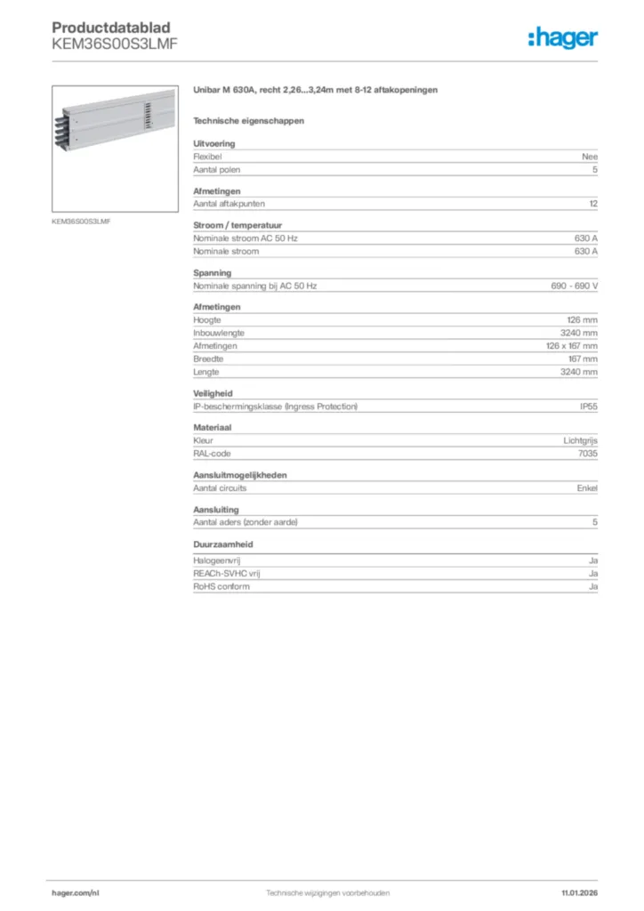 Afbeelding Hager Productdatablad KEM36S00S3LMF | Hager Nederland