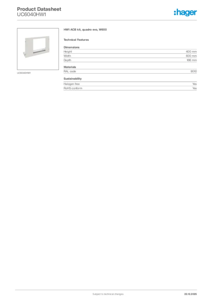 Image Hager Product data sheet UC6040HW1  | Hager Africa