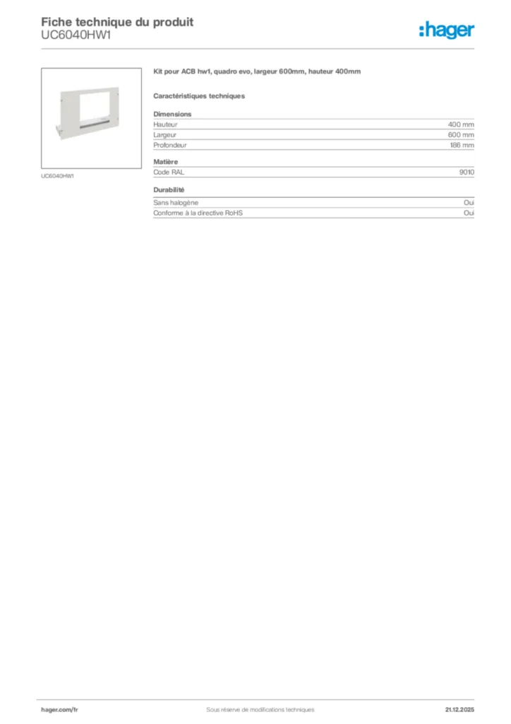 Image Hager Fiche technique du produit UC6040HW1 | Hager France