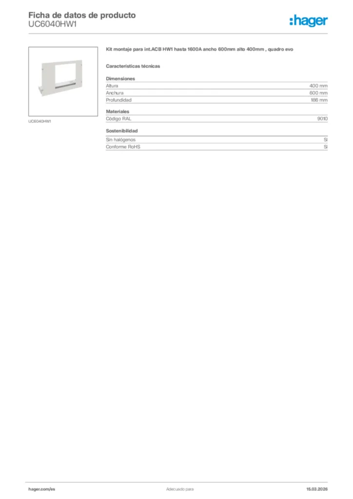 Imagen Hager Ficha de datos de producto UC6040HW1 | Hager España