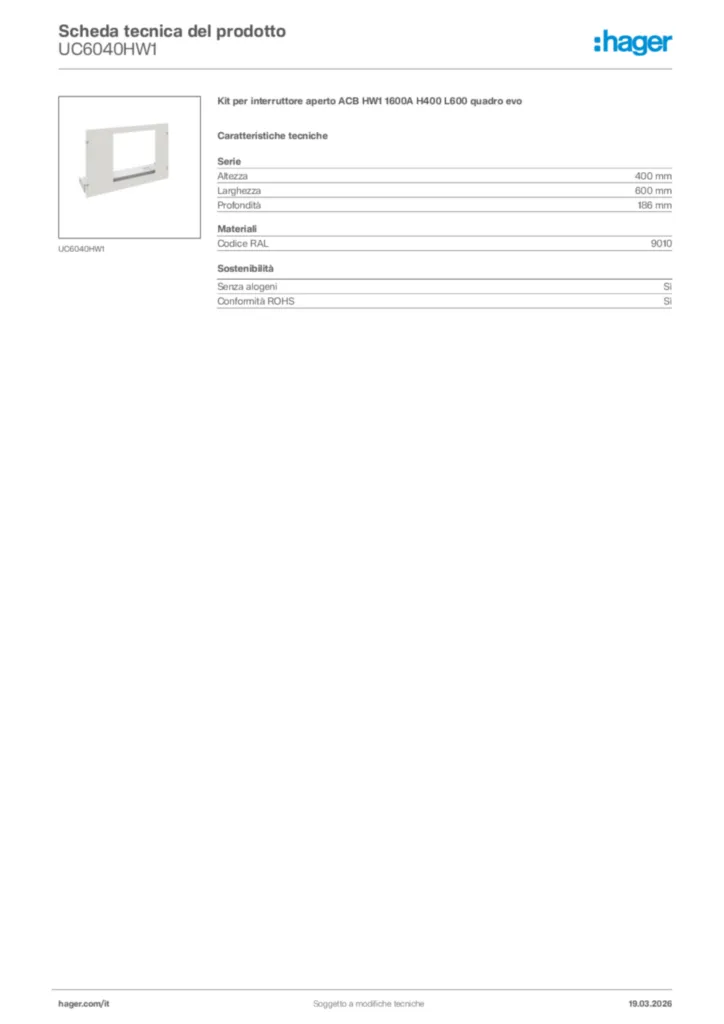 Immagine Hager Scheda tecnica del prodotto UC6040HW1 | Hager Italia