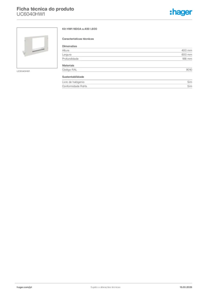 Imagem Hager Ficha técnica do produto UC6040HW1 | Hager Portugal