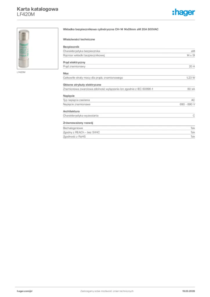Zdjęcie Hager Karta katalogowa LF420M | Hager Polska
