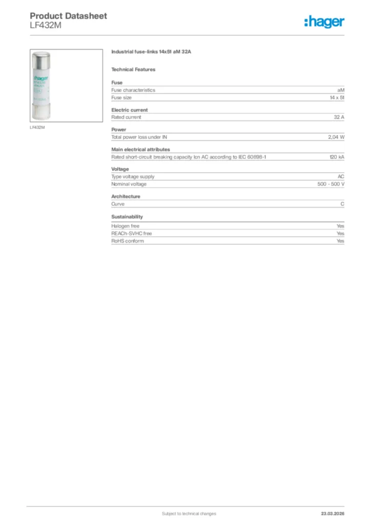 Image Hager Product data sheet LF432M  | Hager