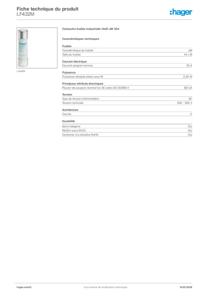 Image Hager Fiche technique du produit LF432M | Hager France