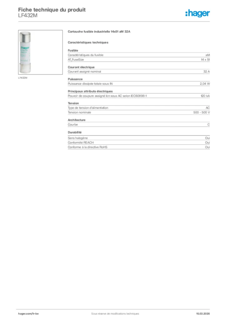 Image Hager Fiche technique du produit LF432M | Hager Belgique