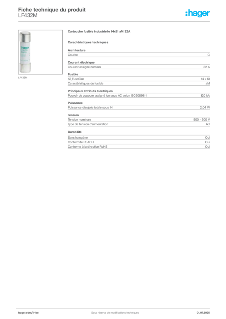 Image Hager Fiche technique du produit LF432M | Hager Belgique