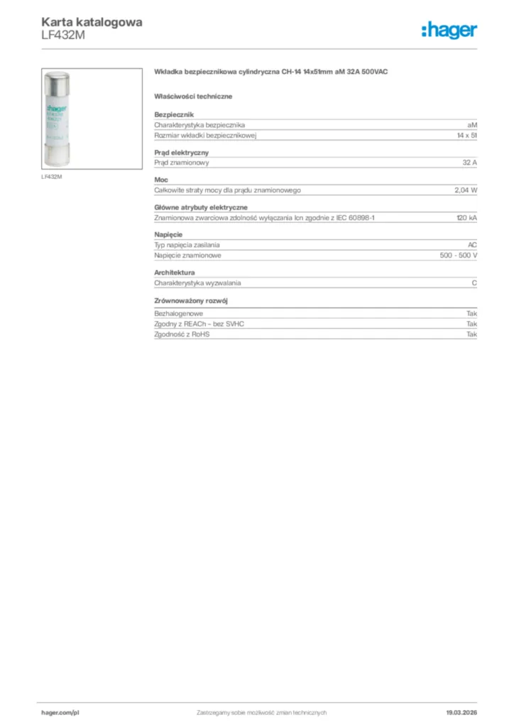 Zdjęcie Hager Karta katalogowa LF432M | Hager Polska