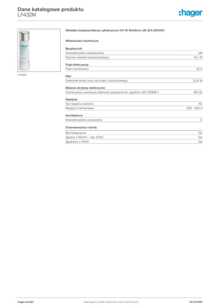 Zdjęcie Hager Dane katalogowe produktu LF432M | Hager Polska