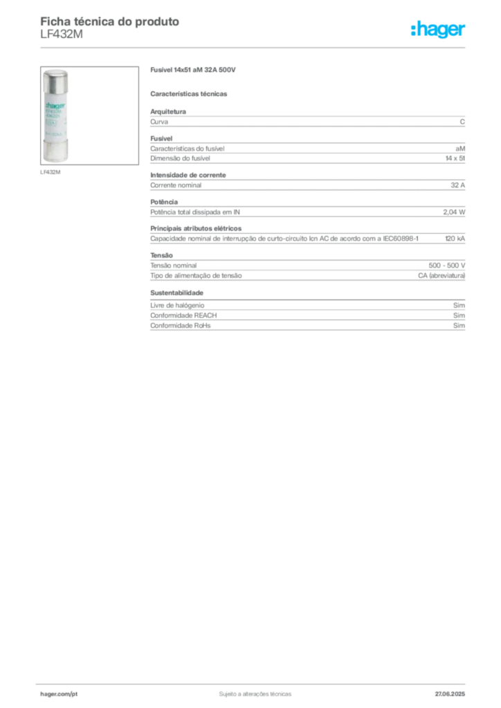 Imagem Hager Ficha técnica do produto LF432M | Hager Portugal
