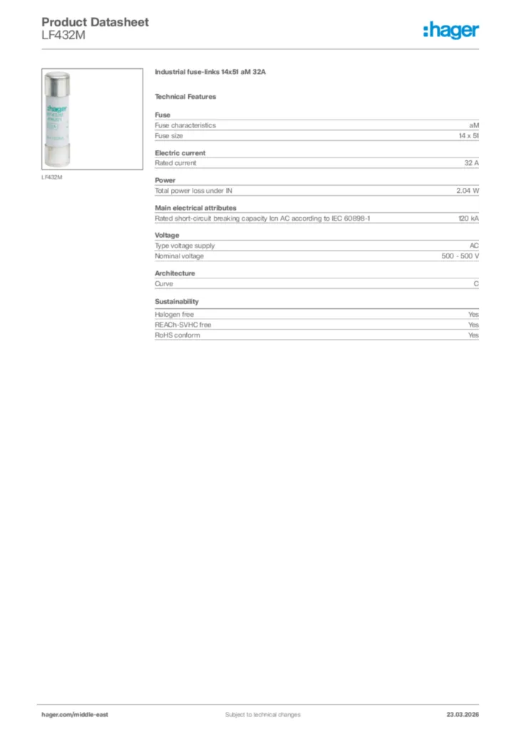 Image Hager Product data sheet LF432M  | Hager