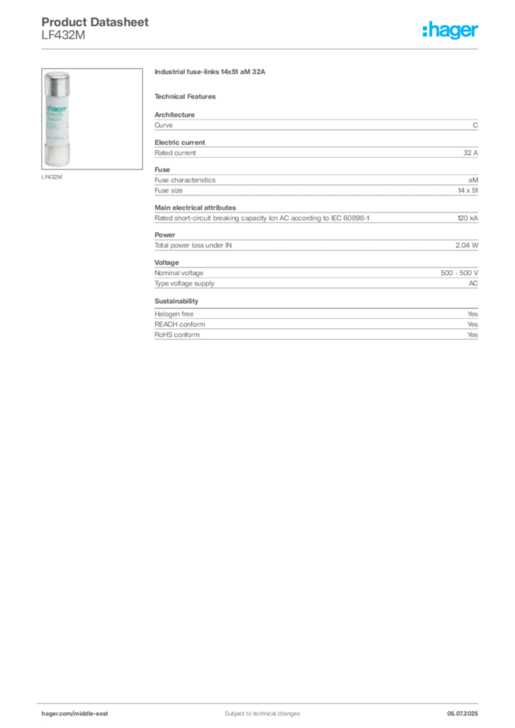 Image Hager Product data sheet LF432M  | Hager